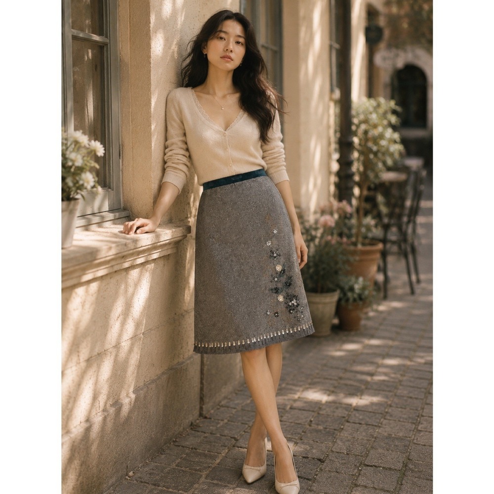 JON By Teri Jon Beaded Tweed Skirt Womens 6 Silk Wool Blend Y2K Embellished